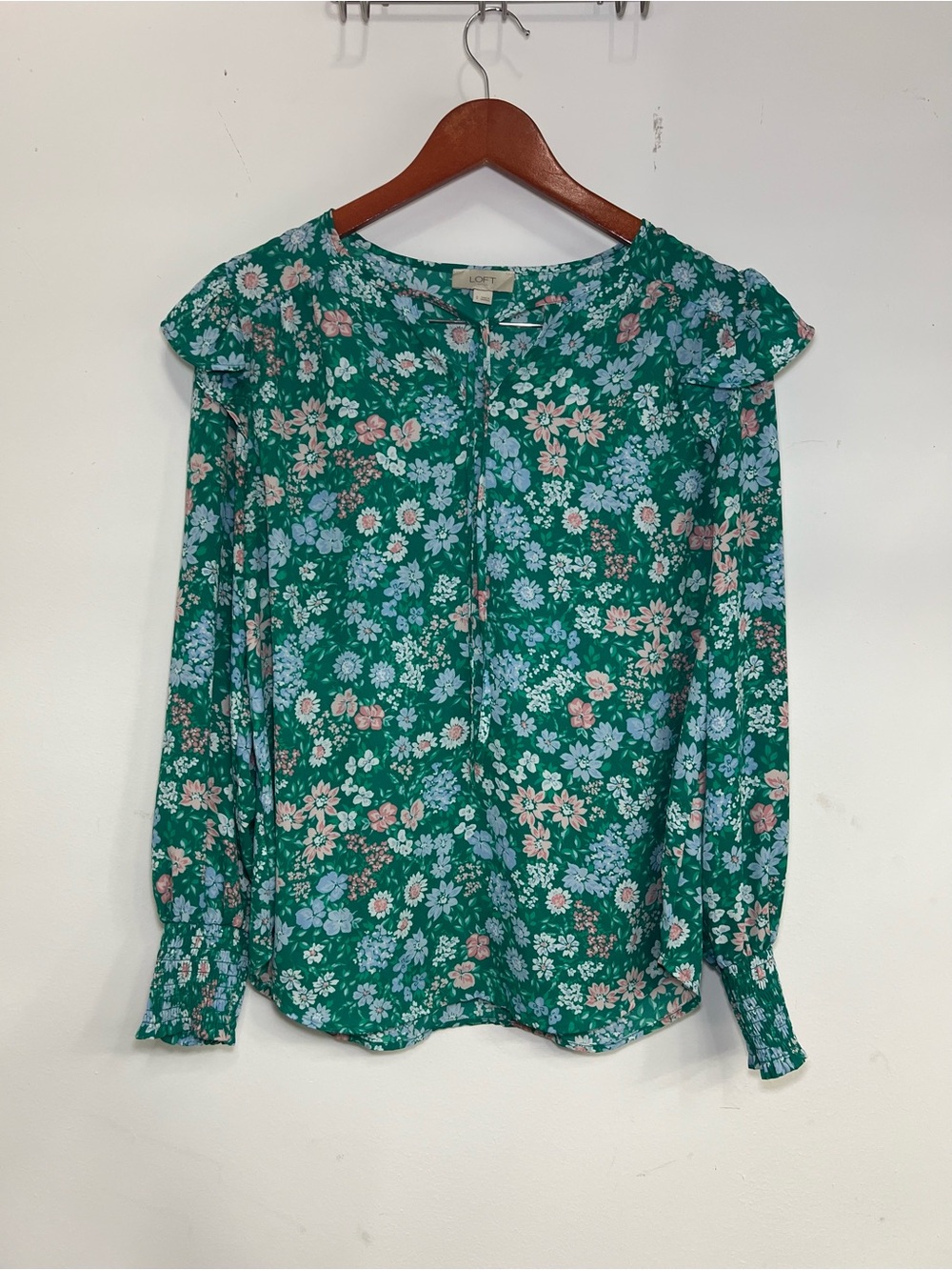 LOFT Green Floral Ruffle Yoke Blouse - Picture 3 of 8